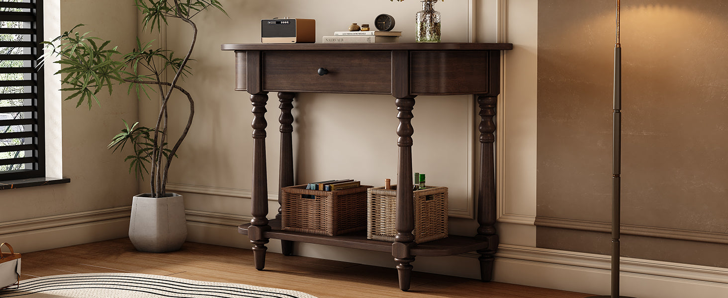 TREXM Narrow Console Table with Curved Corner, Retro Entryway Table with Top Drawer and Open Shelf, Sofa Table Console Tables for Entryway, Hallway and Living Room (Espresso)