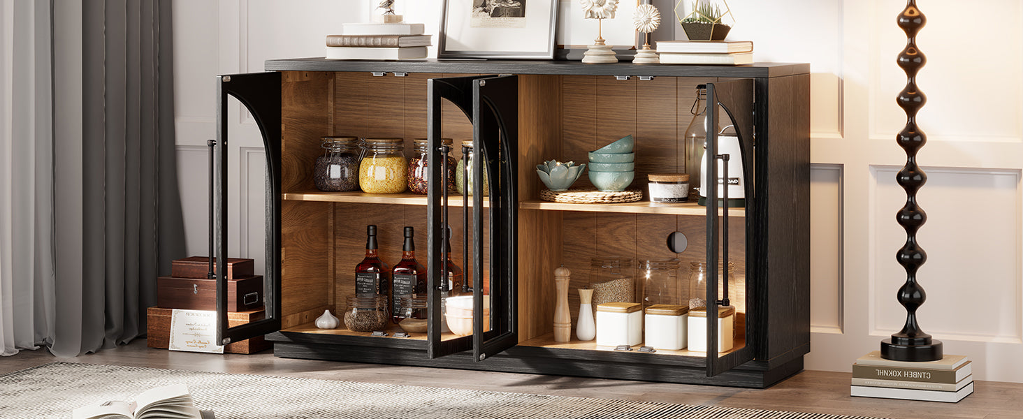 TREXM 4-Door Large Storage Sideboard Buffet Cabinet with Glass Doors, Arched Cabinet with Adjustable Shelves for Kitchen, Dining Room and Living Room (Black)