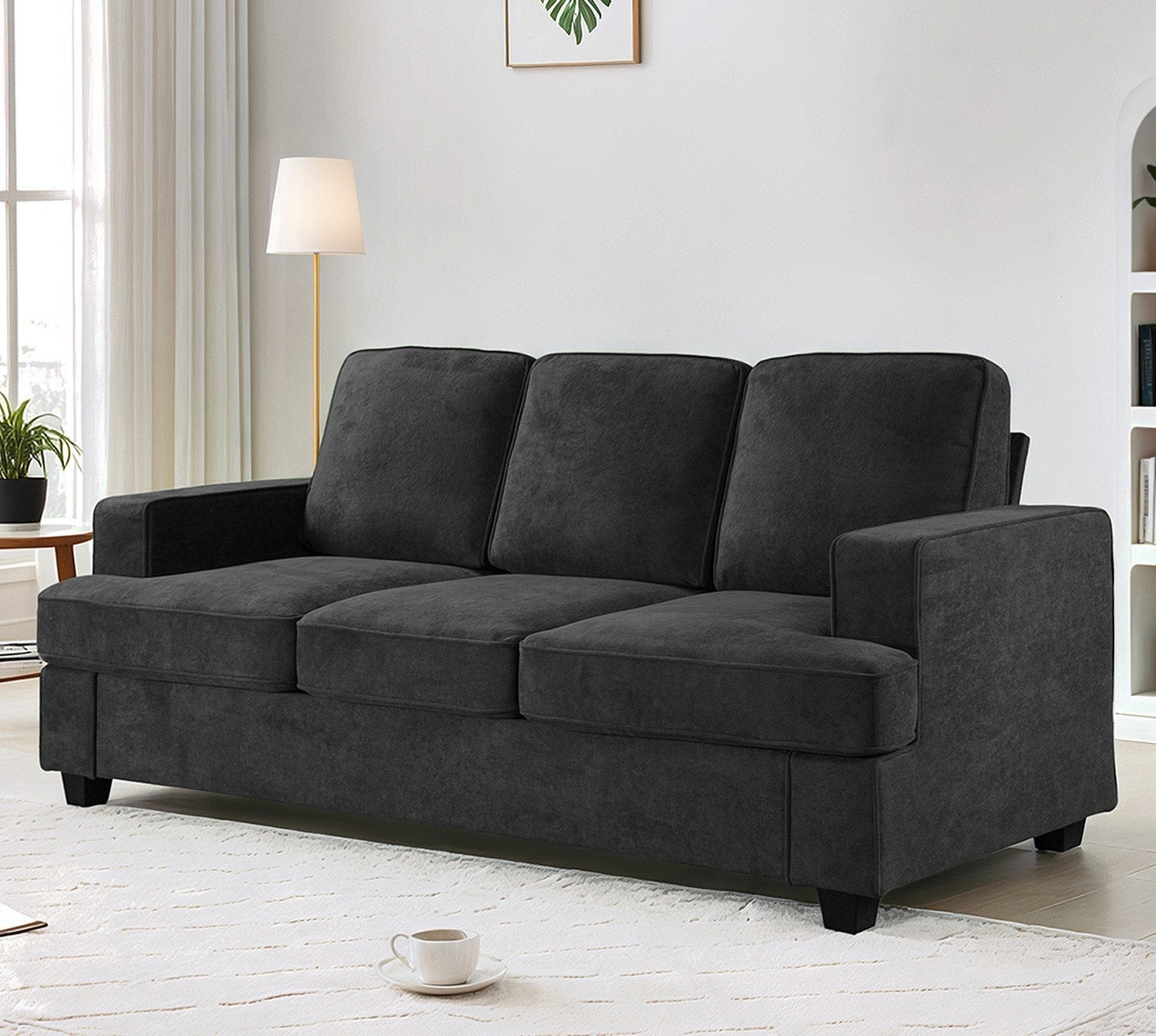 Modern Velvet Sofa, Comfortable 3 Seater Couch with Deep Seating and High-Density Foam, Loose Back Cushions, Wide Arms, Living Room Furniture for Home, Apartment, Office, Black