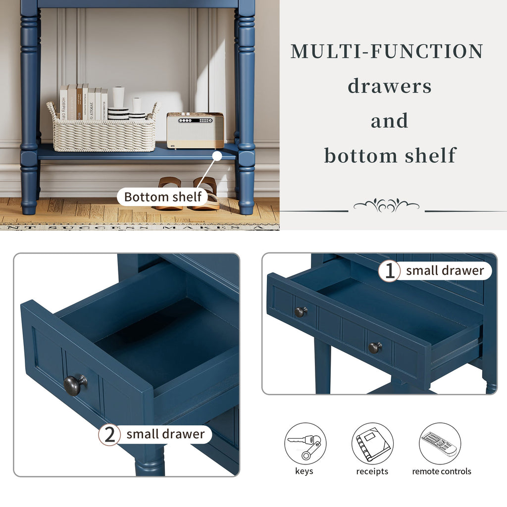 TREXM Narrow Console Table, Slim Sofa Table with Three Storage Drawers and Bottom Shelf (Navy)