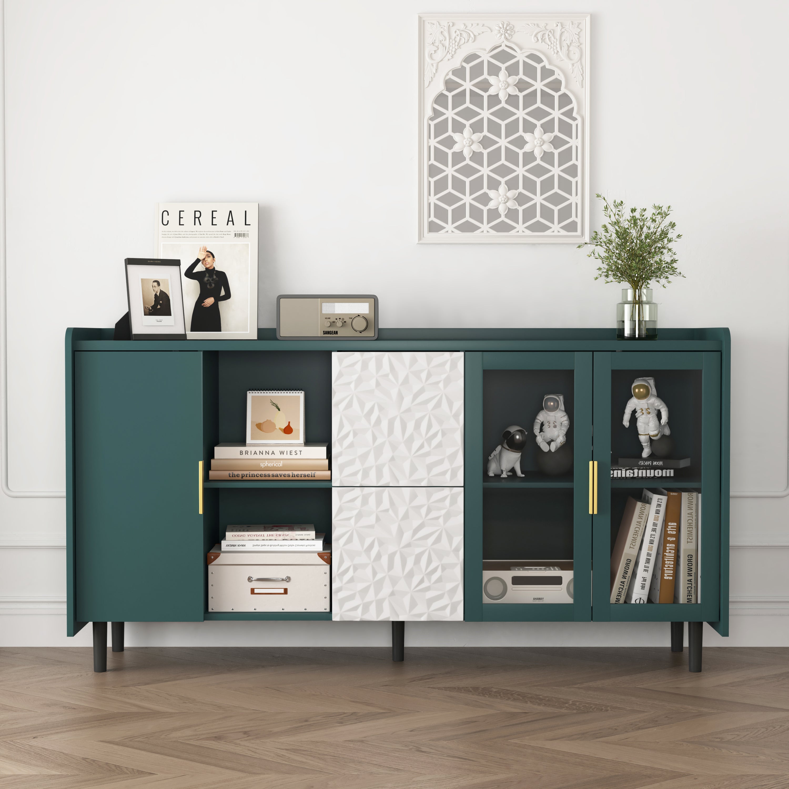 Modern Kitchen Pantry Storage Cabinet , 55" Coffee Bar Storage Cabinet with 2 Drawers, 2 Open Storage Compartment & 2 Glass Doors, Wood Buffet Table for Kitchen, Living Room, Green