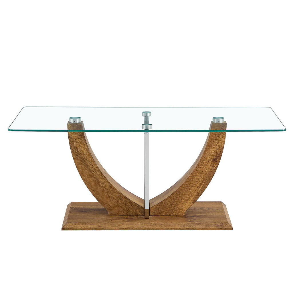 Modern minimalist transparent tempered glass coffee table with wooden MDF legs and stainless steel decorative columns. Computer desk. Game table. CT-907