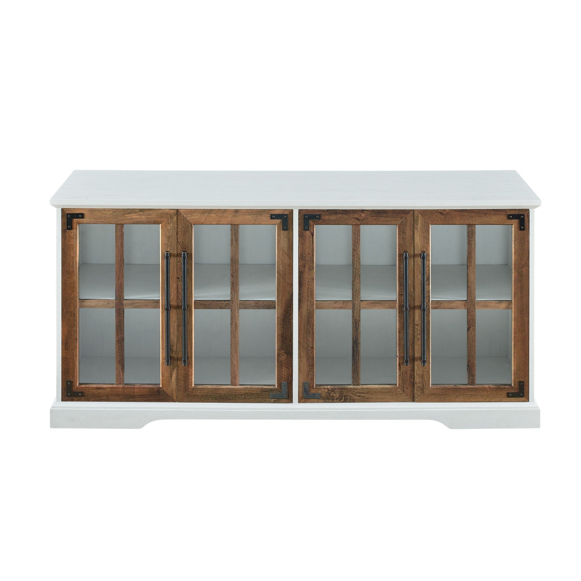 Modern Farmhouse Two-Tone Windowpane Glass-Door TV Stand for TVs up to 65' - Brushed White / Rustic Oak
