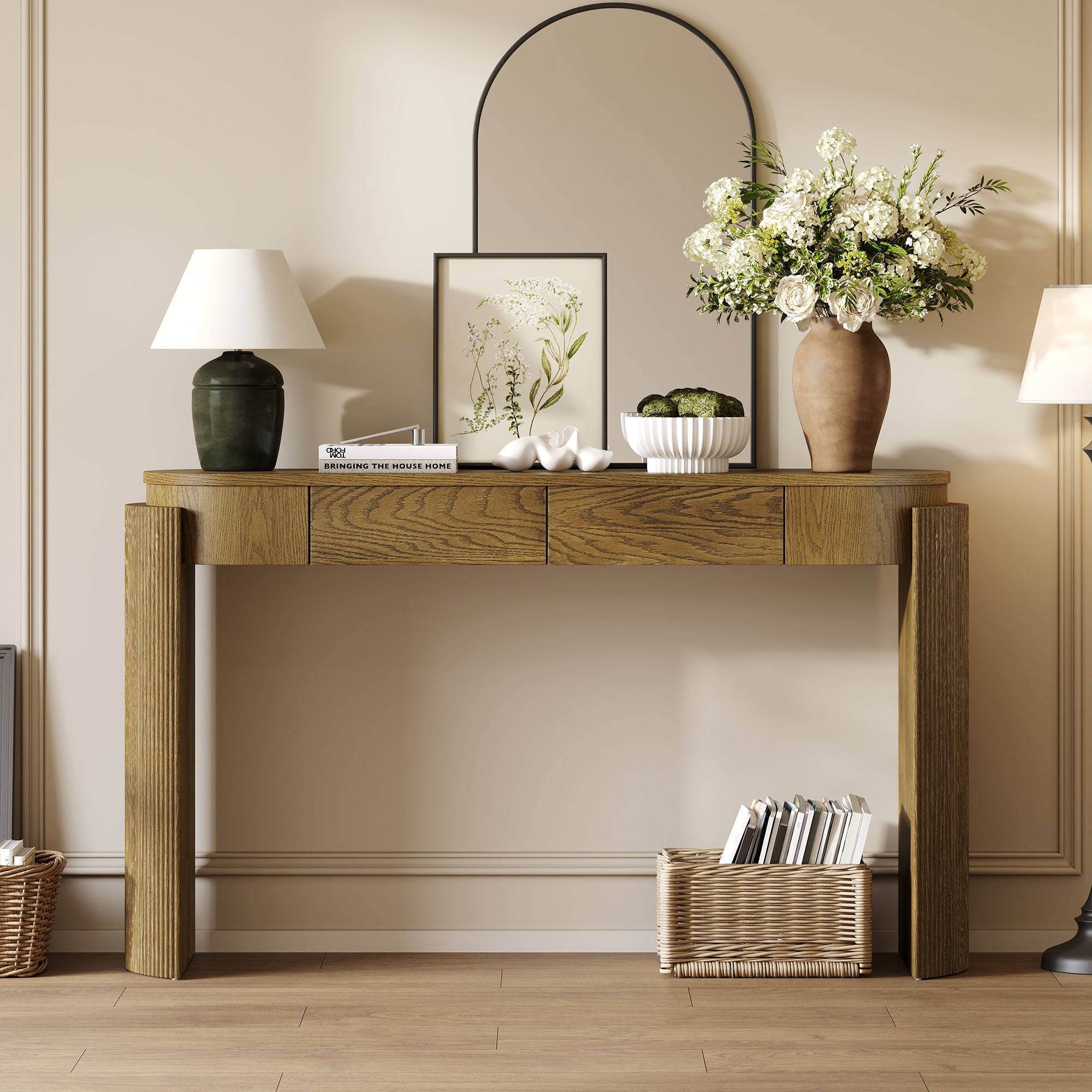 TREXM Entryway Table with Natural Wood Grain Finish, Console Table with Fluted Design, Oval Top and 2 Drawers for Entryway and Living Room (Pine Wood)