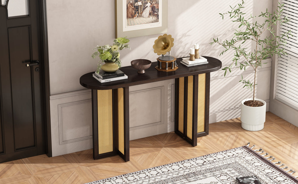 TREXM Farmhouse Rattan Console Table Entryway Table, Narrow Console Table with Storage, Hallway Table for Living Room, Entrance (Espresso)