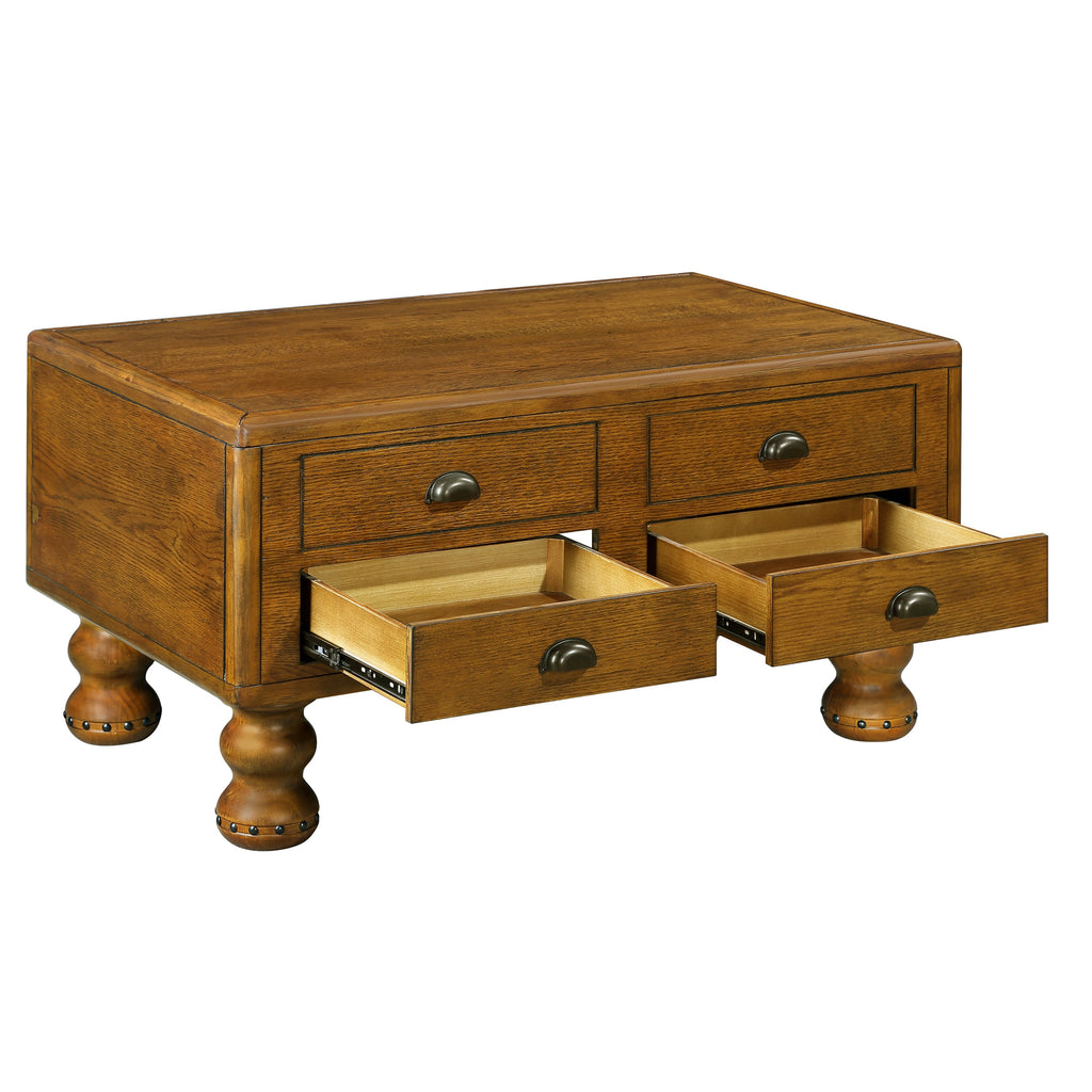 Solid Wood Rectangle Coffee Table for Living Room, 40-Inch Antique Coffee Table with 4 Drawers, Wood Center Table Tea Table with Rivet Decoration Legs.Easy Assembly,  Antique Brown