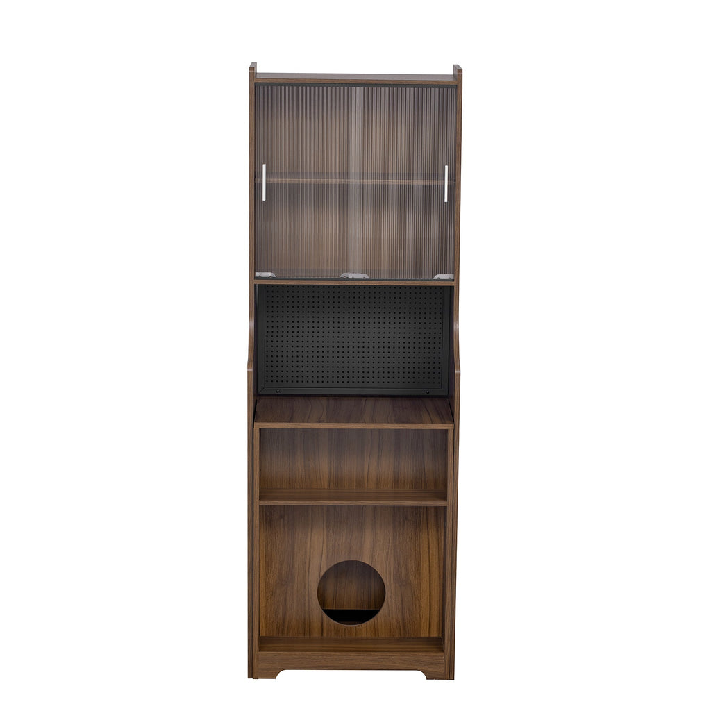 Modern Wooden Foldable Desk with Hutch & Storage, Home Office Pet-friendly Gaming Desk with Shelves, Space-Saving Workstation with Free Cat Bed & Scratching Post