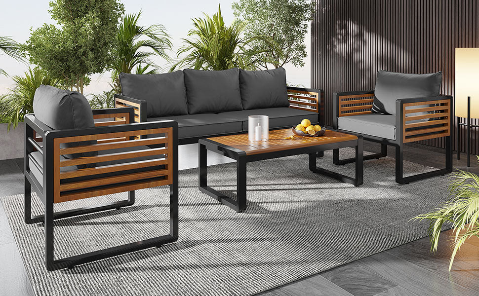 GO Large Size 4-pieces Outdoor Furniture sofa for 5 Person Conversation Set, Garden Sofa Set With Removable Cushion, Metal And Wood Frame Sofa set, Thick Cushions, Acacia Wood Tabletop, Gray
