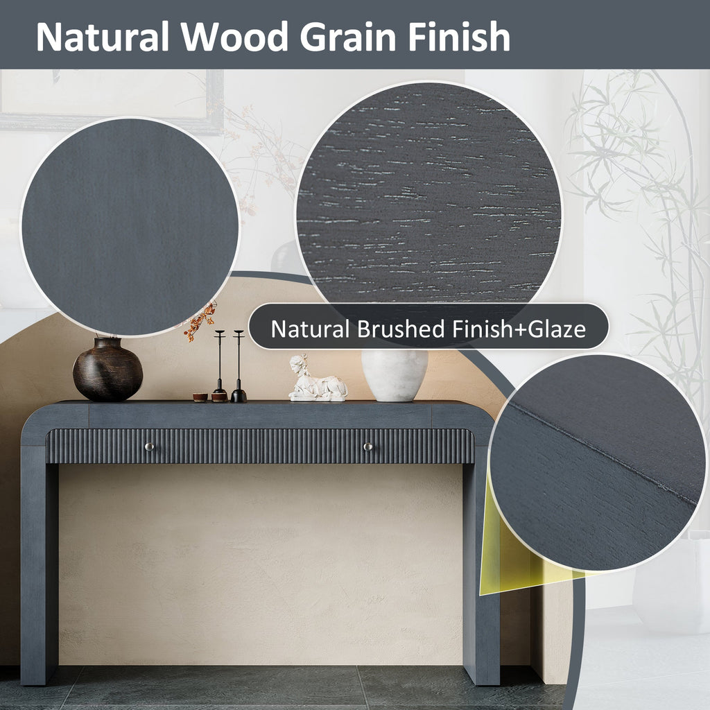 TREXM Rustic Console Table with Fluted Drawer Front, Entryway Table with Curved Corners & Thick Legs, Sturdy Sofa Table for Hallway & Living Room (Dark Navy)