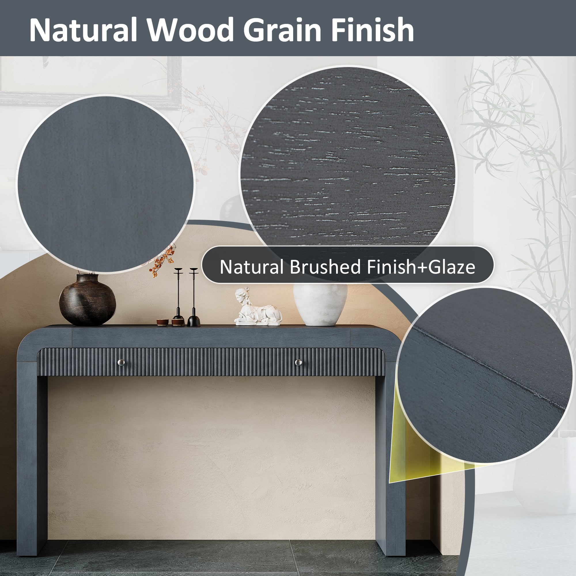 TREXM Rustic Console Table with Fluted Drawer Front, Entryway Table with Curved Corners & Thick Legs, Sturdy Sofa Table for Hallway & Living Room (Dark Navy)