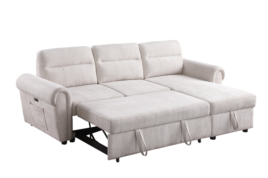Hugo 97'W Beige Chenille Reversible Sleeper Sectional Sofa Chaise with USB Charger