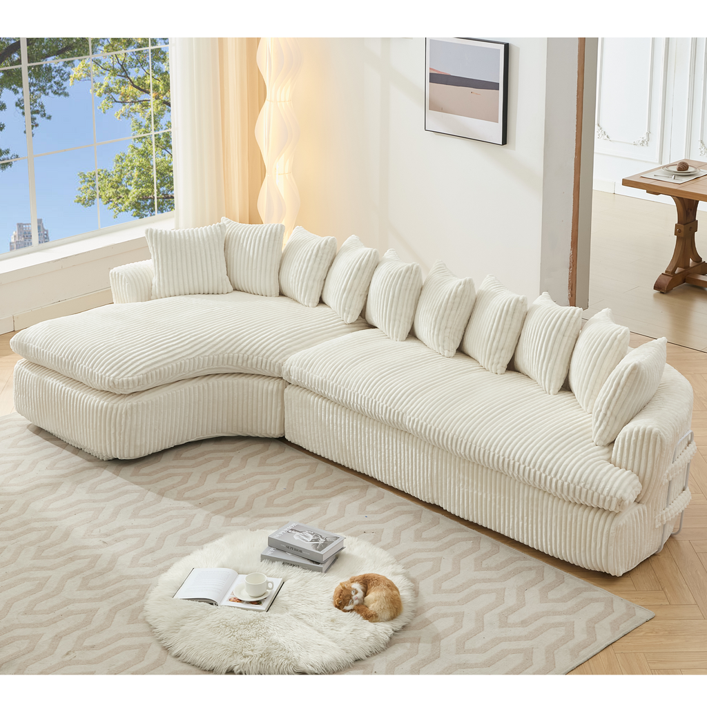 127''  Large Sectional Sofa ,Elegant Curved Design ,High-Resilience Foam ,Ten Back Cushions,L-Shape Left Sofa,No Assembly  Required , (Beige-Soft Corduroy Fabric)