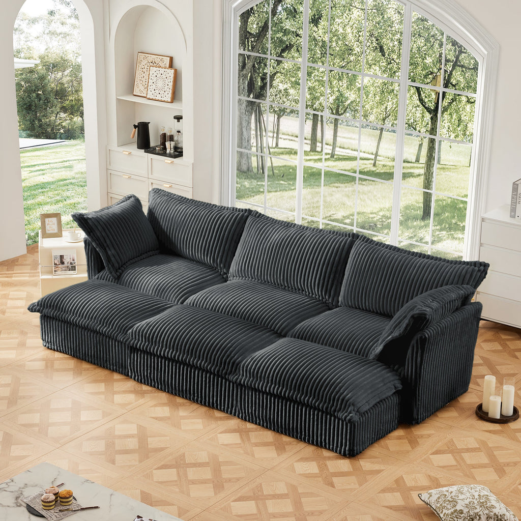 Living Room Sofa Slipcovered Sofa 3 Seater Sofa With 3 Ottomans, Oversized 3-Seat Sleeper Sofa Bed Home Theater Sofa, Corduroy, Gray