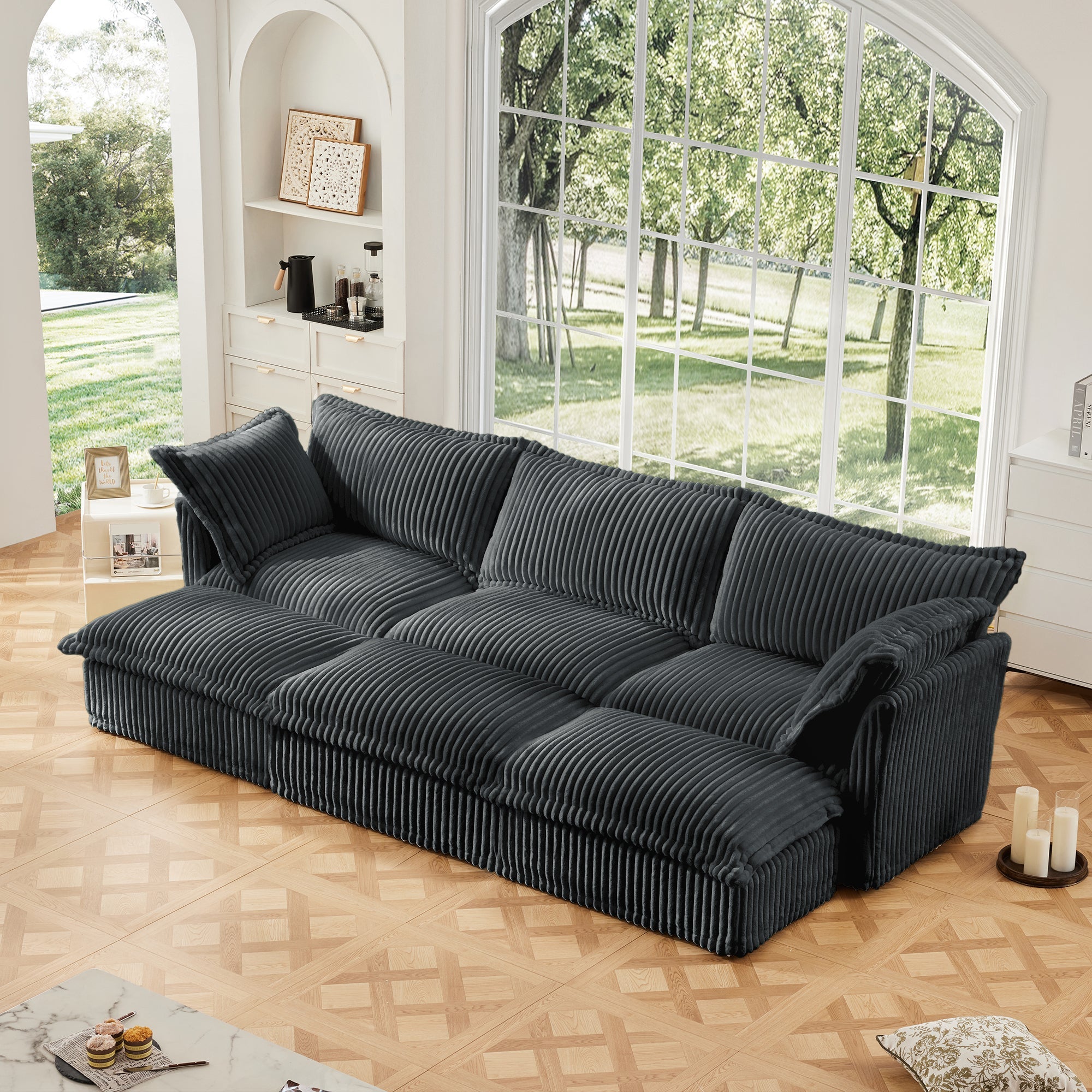 Living Room Sofa Slipcovered Sofa 3 Seater Sofa With 3 Ottomans, Oversized 3-Seat Sleeper Sofa Bed Home Theater Sofa, Corduroy, Gray