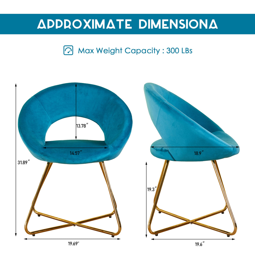 Modern Accent Velvet Chairs Set of 2 Dining Chairs Single Sofa Comfy Upholstered Arm Chair Living Room Furniture Mid-Century Leisure Lounge Chairs with Golden Metal Frame Legs