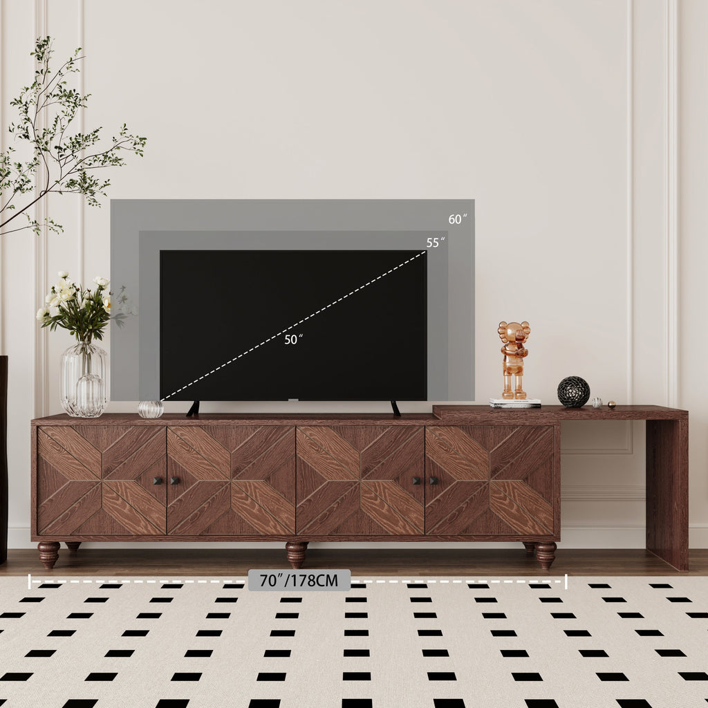 70'-90' Extendable TV Cabinet, Modern Entertainment Center with Storage and Adjustable Shelves, Mid 
Century Lacquered and Real Wood Veneered TV Console for Living Room, Hallway, Entryway, Walnut
