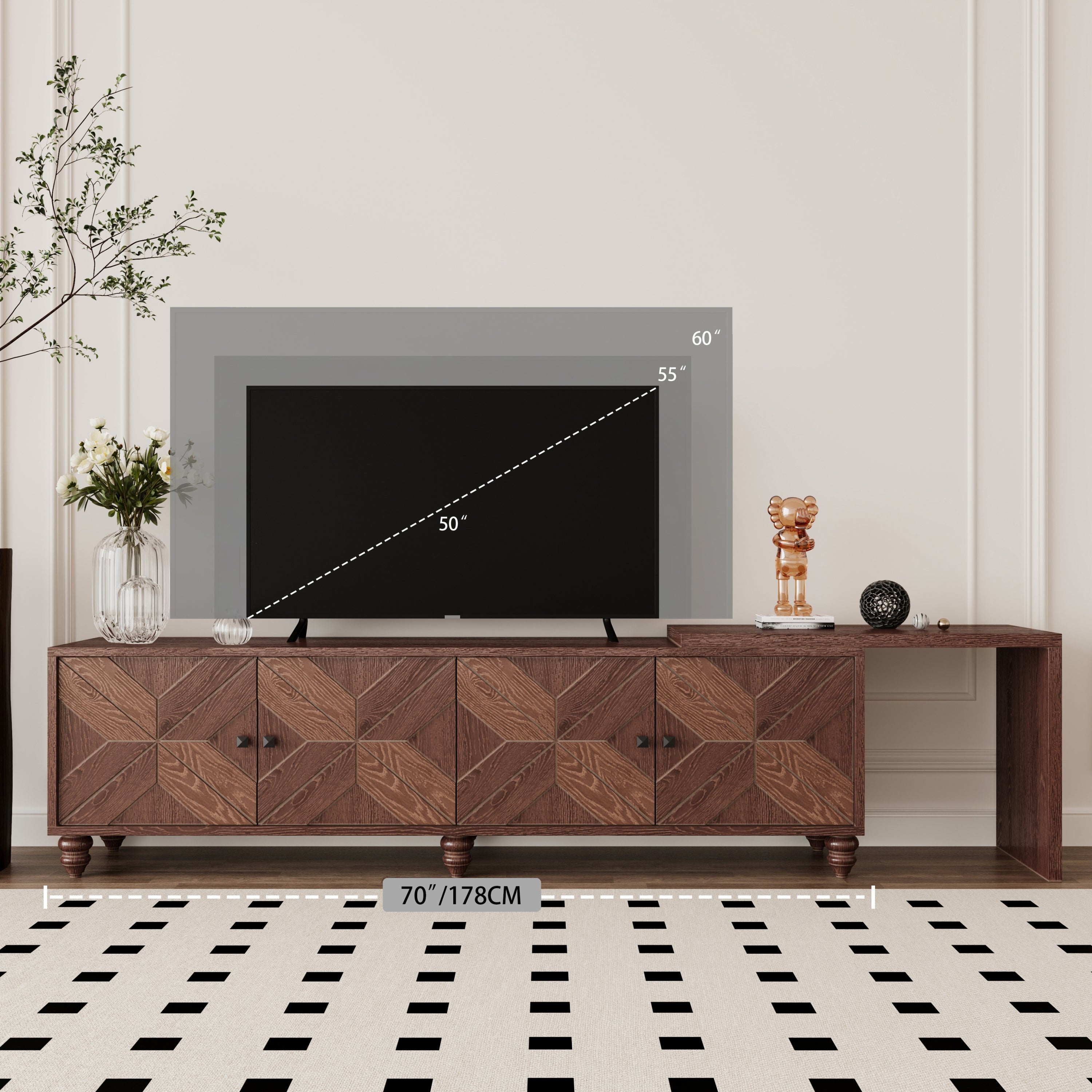 70'-90' Extendable TV Cabinet, Modern Entertainment Center with Storage and Adjustable Shelves, Mid 
Century Lacquered and Real Wood Veneered TV Console for Living Room, Hallway, Entryway, Walnut