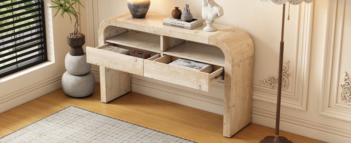 TREXM Console Table Entryway Table, Retro Curved Sofa Table with 2 Large Drawers, Narrow Console Table for Living Room Hallway Entrance, 52''×14''×31.5'', Natural Wood Wash