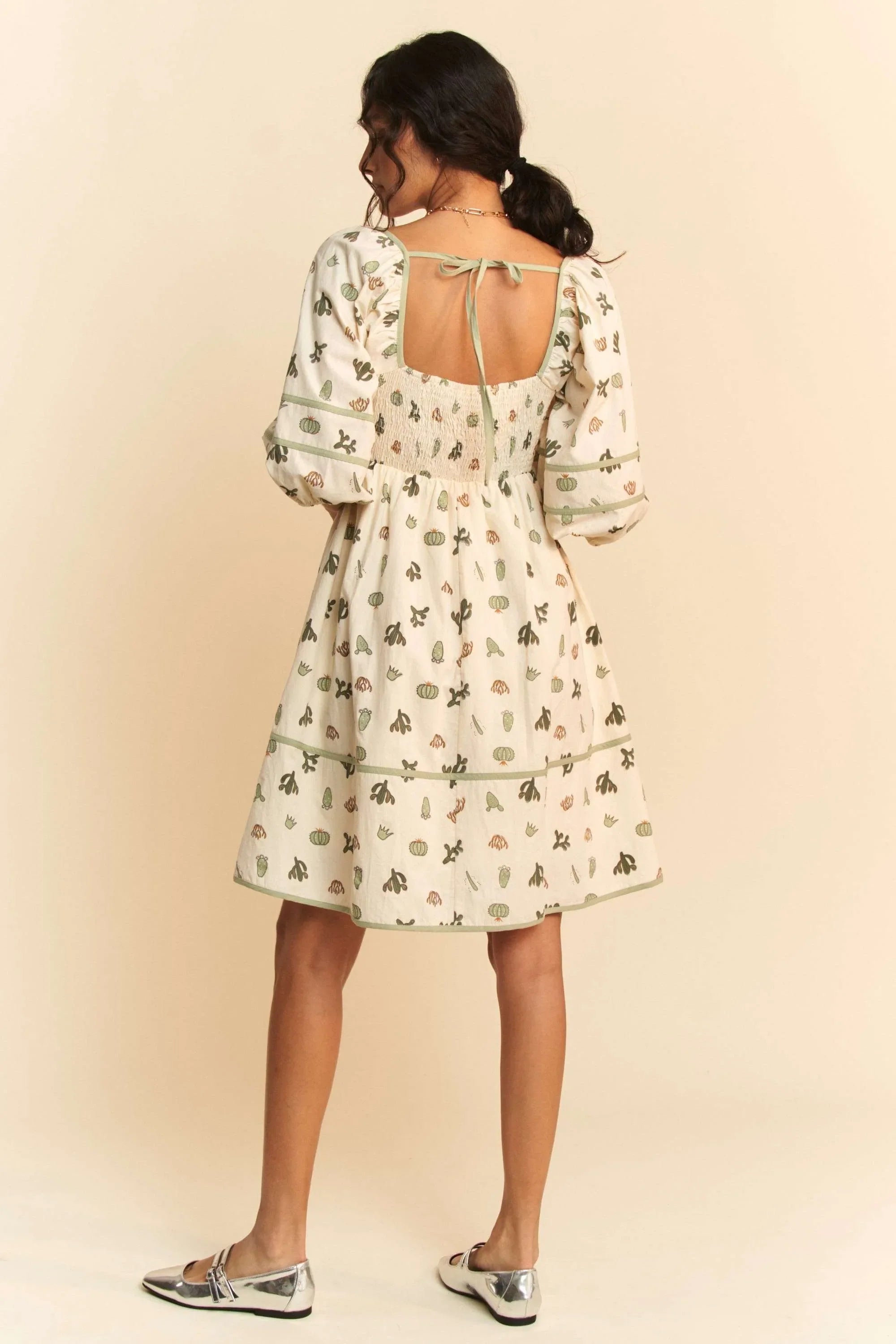 Davi & Dani Cactus Printed Poplin Contrast Piping Mini Dress