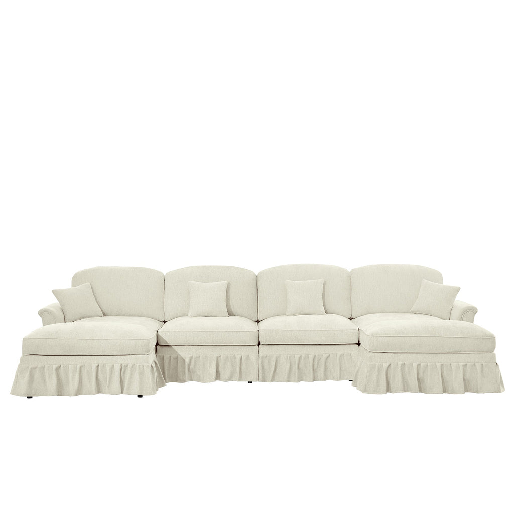 Classic Three Seater Modular L Shaped Sectional Couch with Flared Arms and Removable Ruffles Pleats Skirts and Spindle Legs, Comfy Chenille Four-Seat Deep Seat Sofa with Movable Ottoman, Beige White