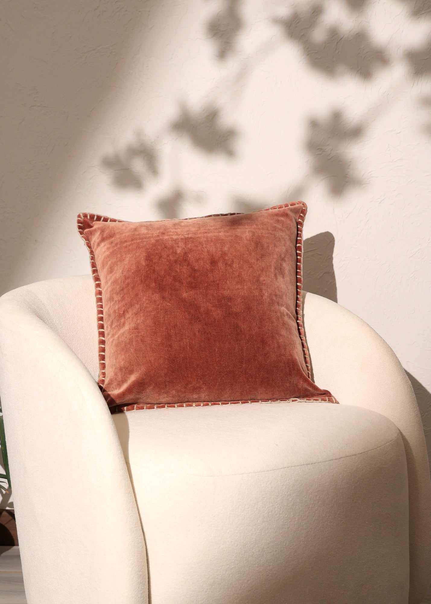 Stonewashed Cotton Velvet Throw Pillow with Decorative Handstiched Edges-19X19'