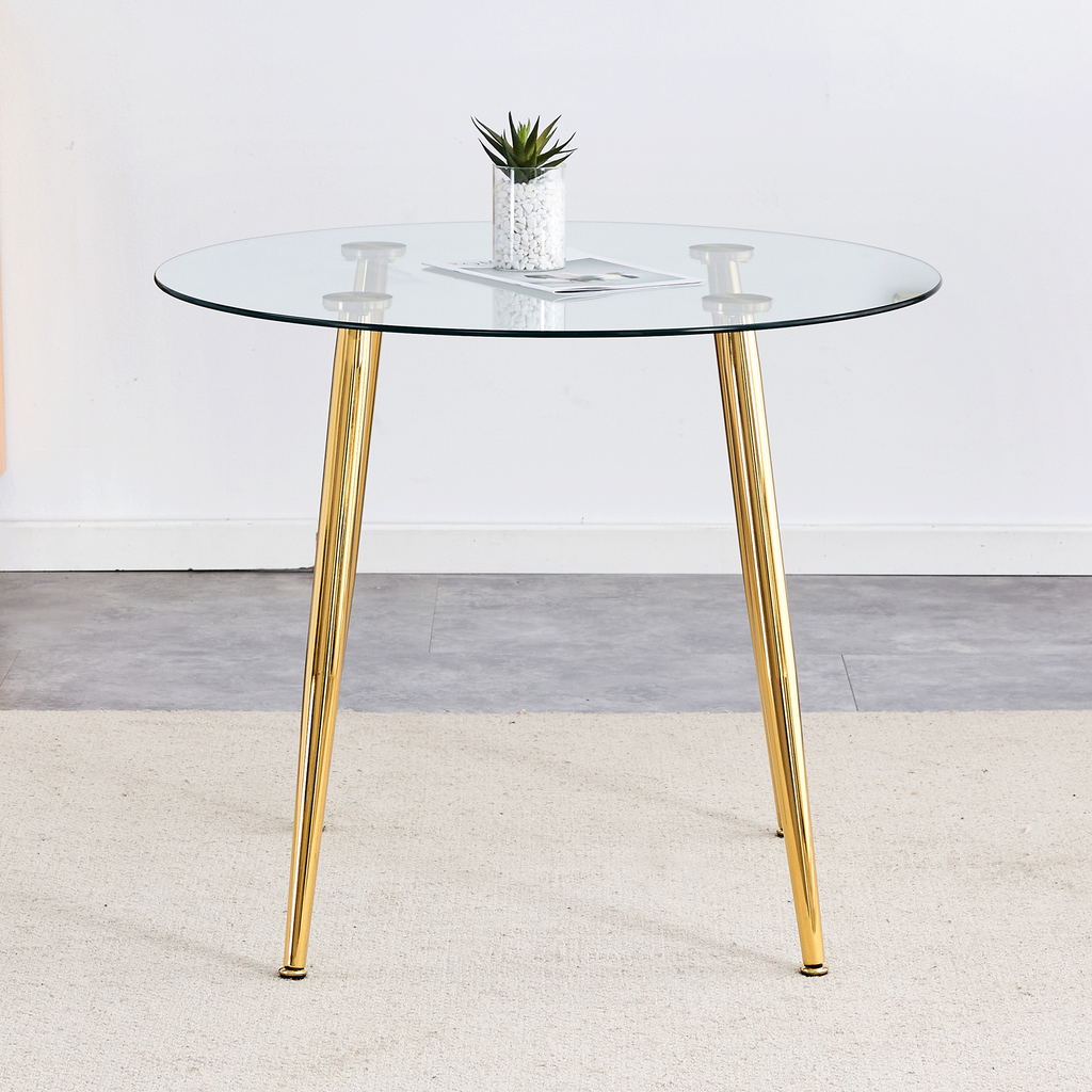Round dining table with glass top, gilded metal legs, exquisite living, starting from the details, the gold legs show an extraordinary texture, which is the finishing touch to your home.36*36