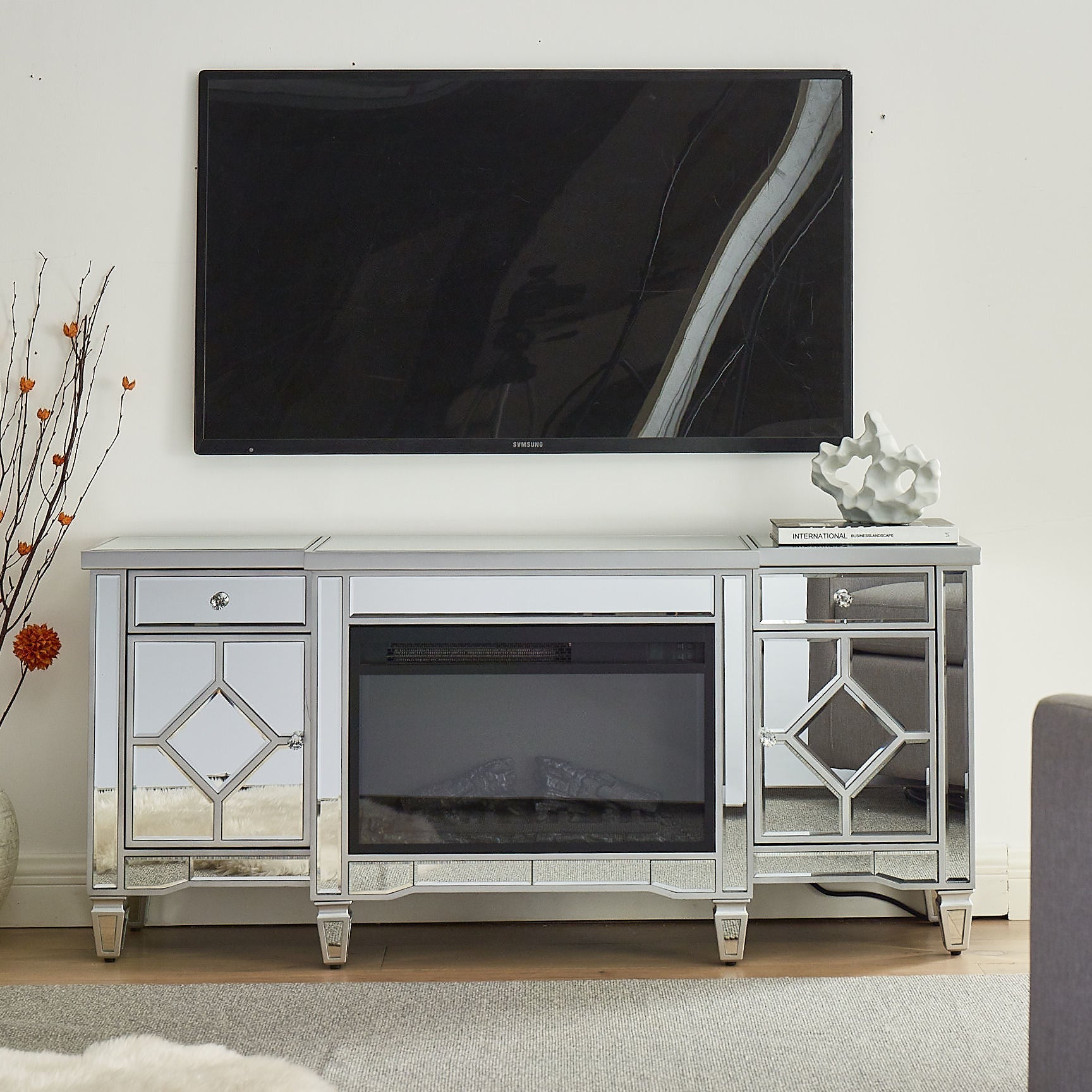 W 57' X D 15 ' X H 25.6' Flash silver combination TV fireplace cabinet