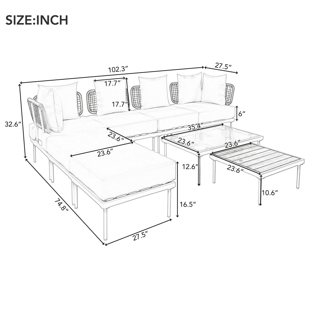TREXM 8-Piece Patio Sectional Sofa Set with Tempered Glass Coffee Table and Wooden Coffee Table for Outdoor Oasis, Garden, Patio and Poolside (Light Grey Cushion + Black Steel)