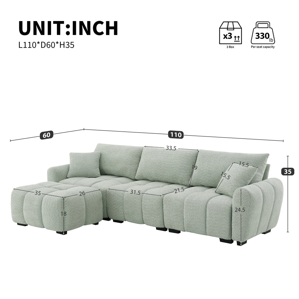 110' Modular Sectional Sofa, L Shape with Extra-large Seat, Pull-line Design, Movable Ottoman, High Density Foam, Free Combination, Sturdy Metal&Wood Frame, Boucle Fabric, 3 Colors