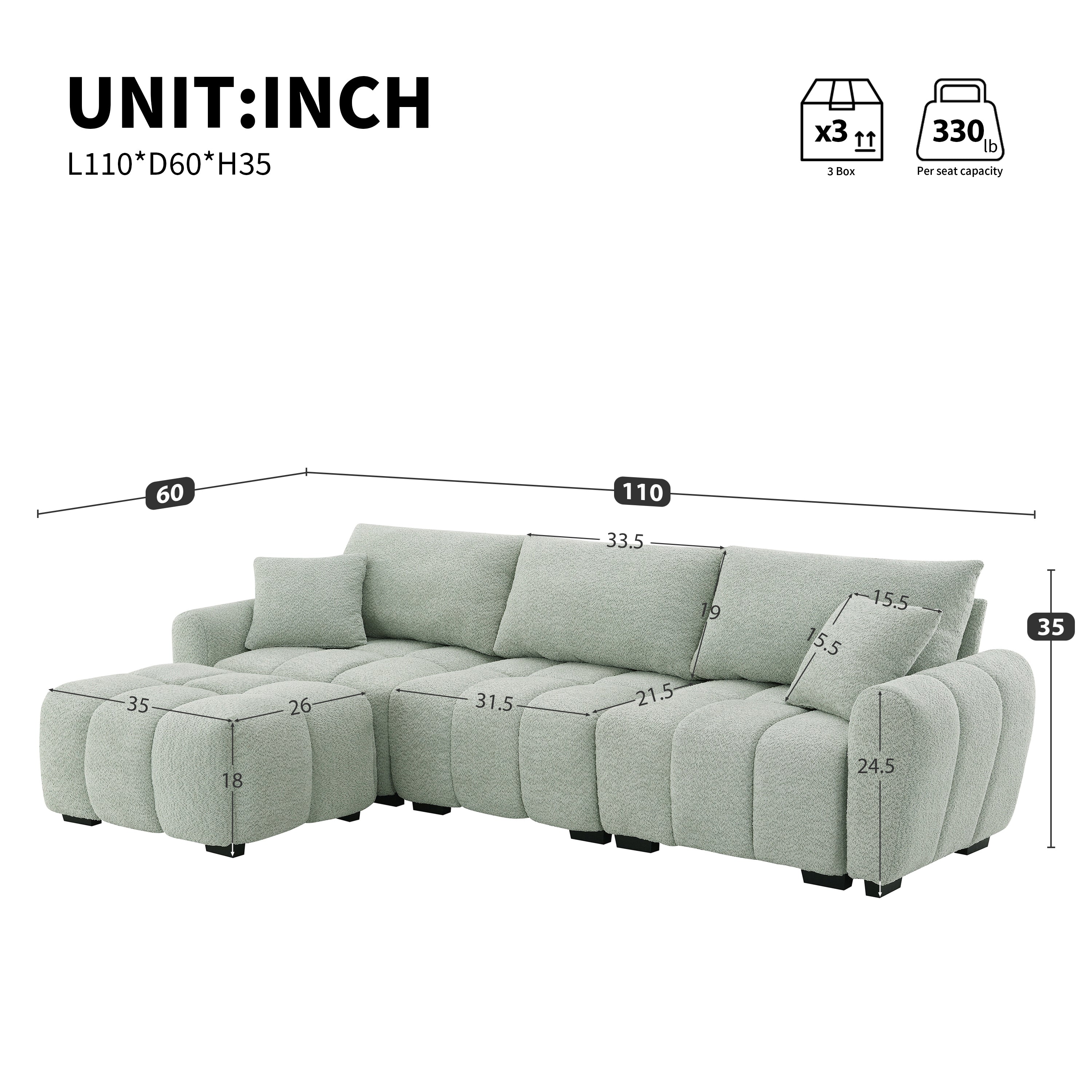 110' Modular Sectional Sofa, L Shape with Extra-large Seat, Pull-line Design, Movable Ottoman, High Density Foam, Free Combination, Sturdy Metal&Wood Frame, Boucle Fabric, 3 Colors