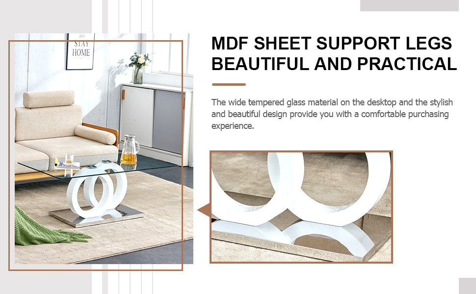 Rectangular modern and fashionable coffee table with tempered glass tabletop and white legs. Suitable for living room.47.2"*25.4"*17.9"