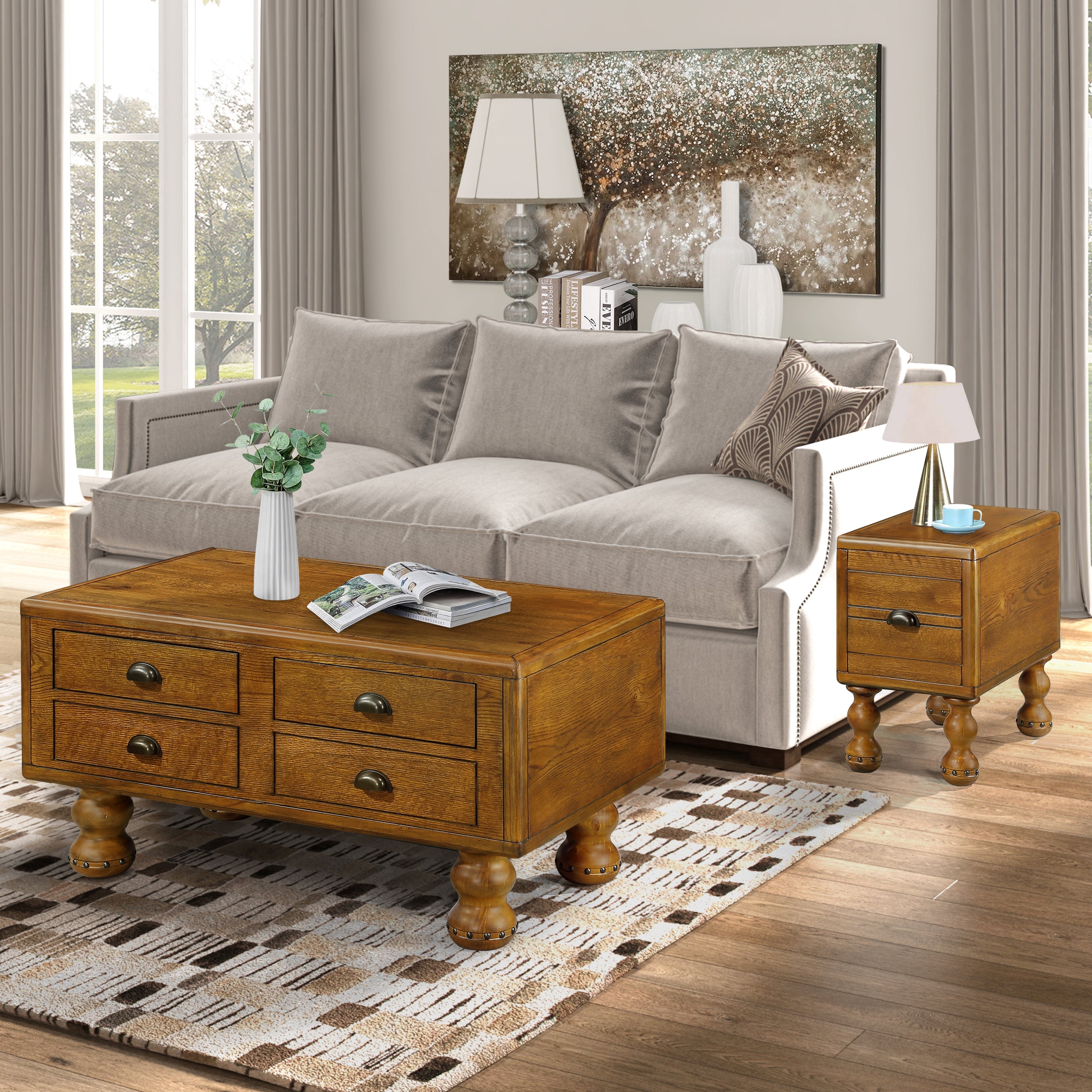 Solid Wood Rectangle Coffee Table for Living Room, 40-Inch Antique Coffee Table with 4 Drawers, Wood Center Table Tea Table with Rivet Decoration Legs.Easy Assembly,  Antique Brown