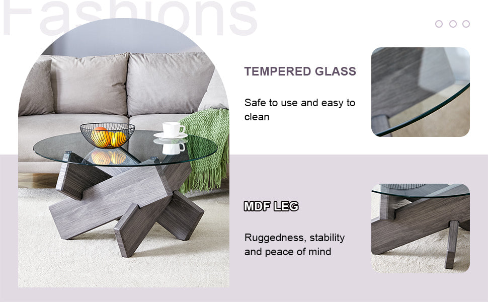 Round glass coffee table, 33.4" modern design unique coffee table. Tempered glass top with grey patterned MDF legs. Suitable for living and dining rooms