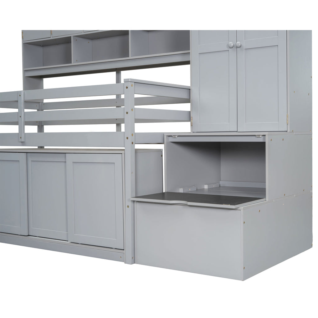 Twin Size Wooden Loft Bed Big Storage with Under-bed Desk, with Drawers, with Shelves, Gray