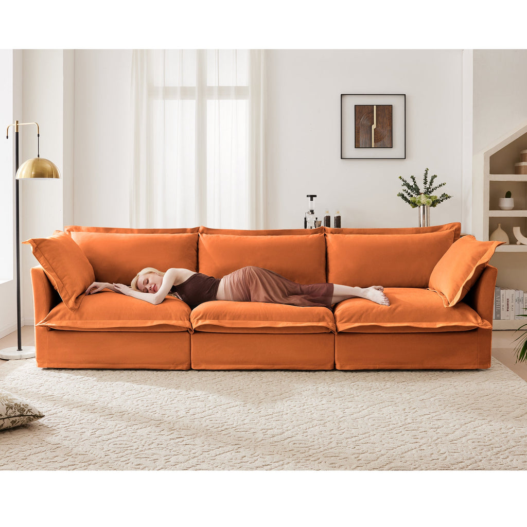 Slipcovered Sofa Couch, Modern 3 Seater Sofa with Suppleness Armrests, Chenille Fleece Deep Seat Sofa with Soft Multiple Big Pillows, Comfy Couch for Living Room, Apartment,Chenille Fabric, Orange