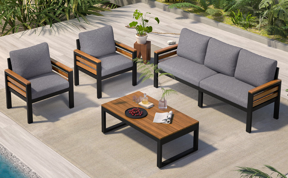 GO 4-Piece Outdoor Furniture Sofa Set for 5 People with  Acacia Wood Armrests, Patio Conversation Set with Removable Cushion and Solid Wood Coffee Table  for Garden and Backyard, Grey