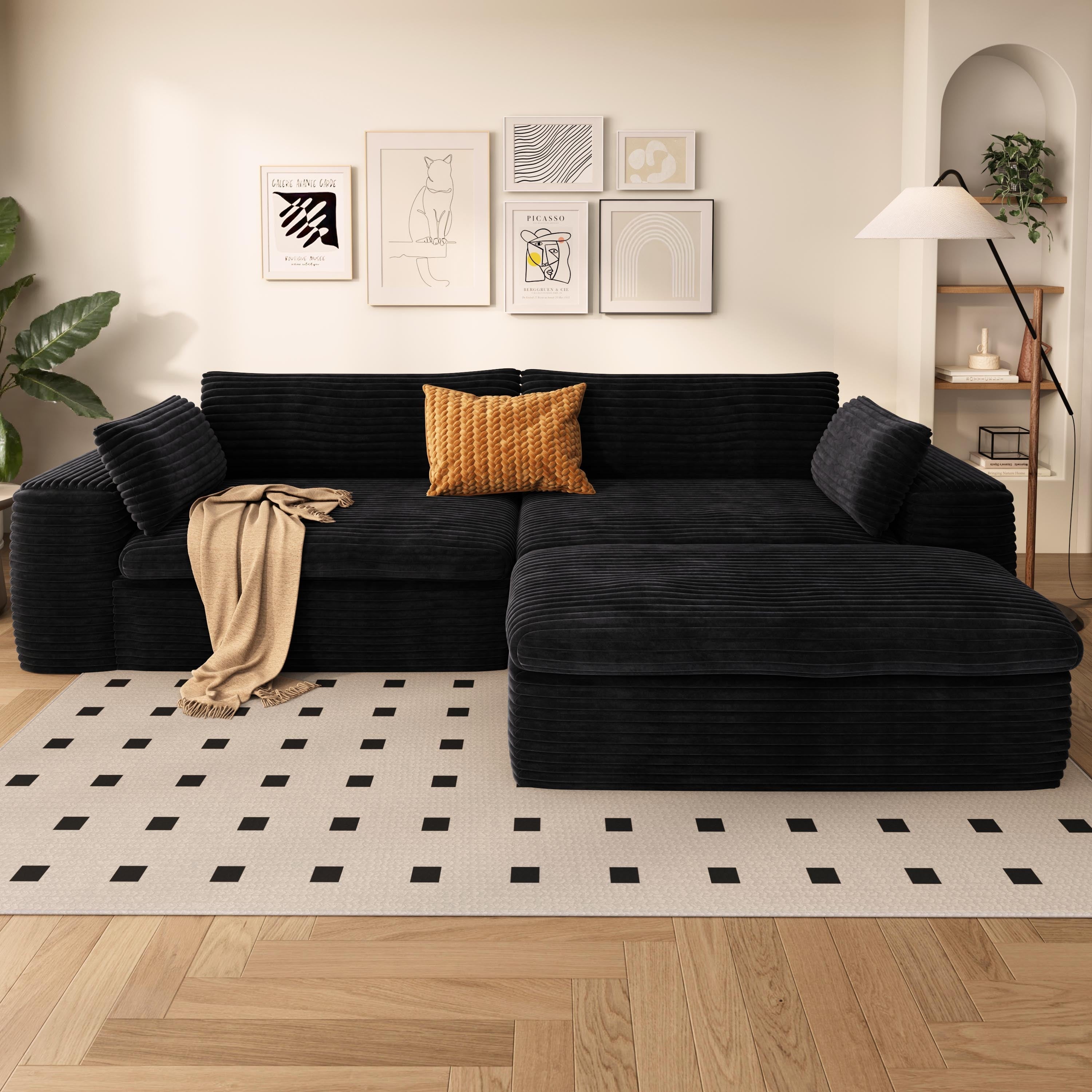 Cloud Sectional Couch with L-Shape Chaise,Modern Modular Sofa with Deep Seat, Upholstered Couches for Living Room Bedroom,No Assembly Required, Black (Corduroy Fabric)