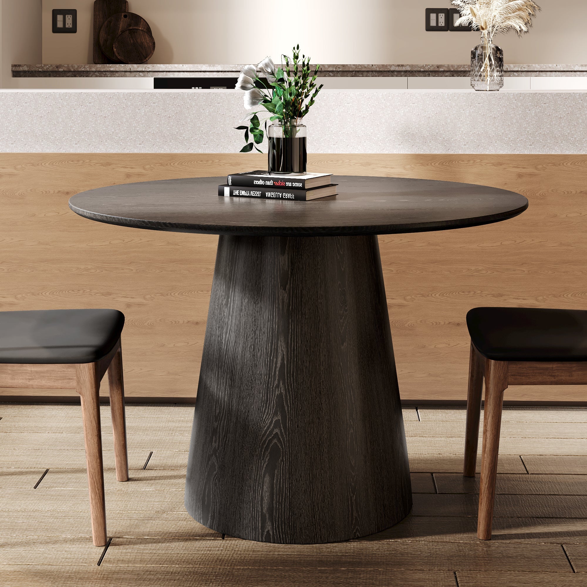 43' Round Black Wood Small Dining Table with Solid Wood Tabletop For 2-4 People