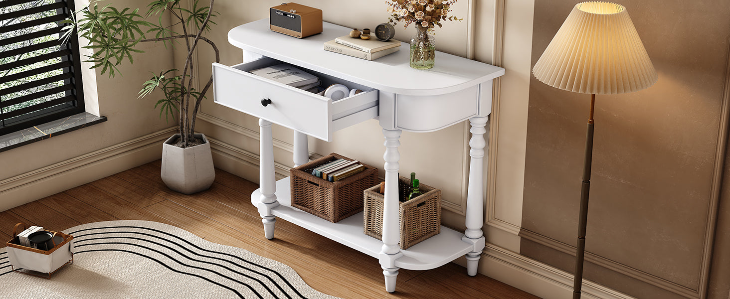 TREXM Narrow Console Table with Curved Corner, Retro Entryway Table with Top Drawer and Open Shelf, Sofa Table Console Tables for Entryway, Hallway and Living Room (White)