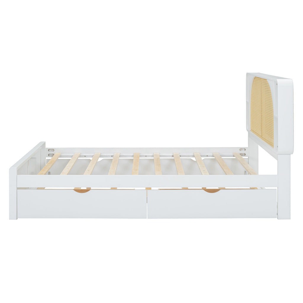 Queen Size Rattan Headboard Bed with Two Drawers and Trundle, White