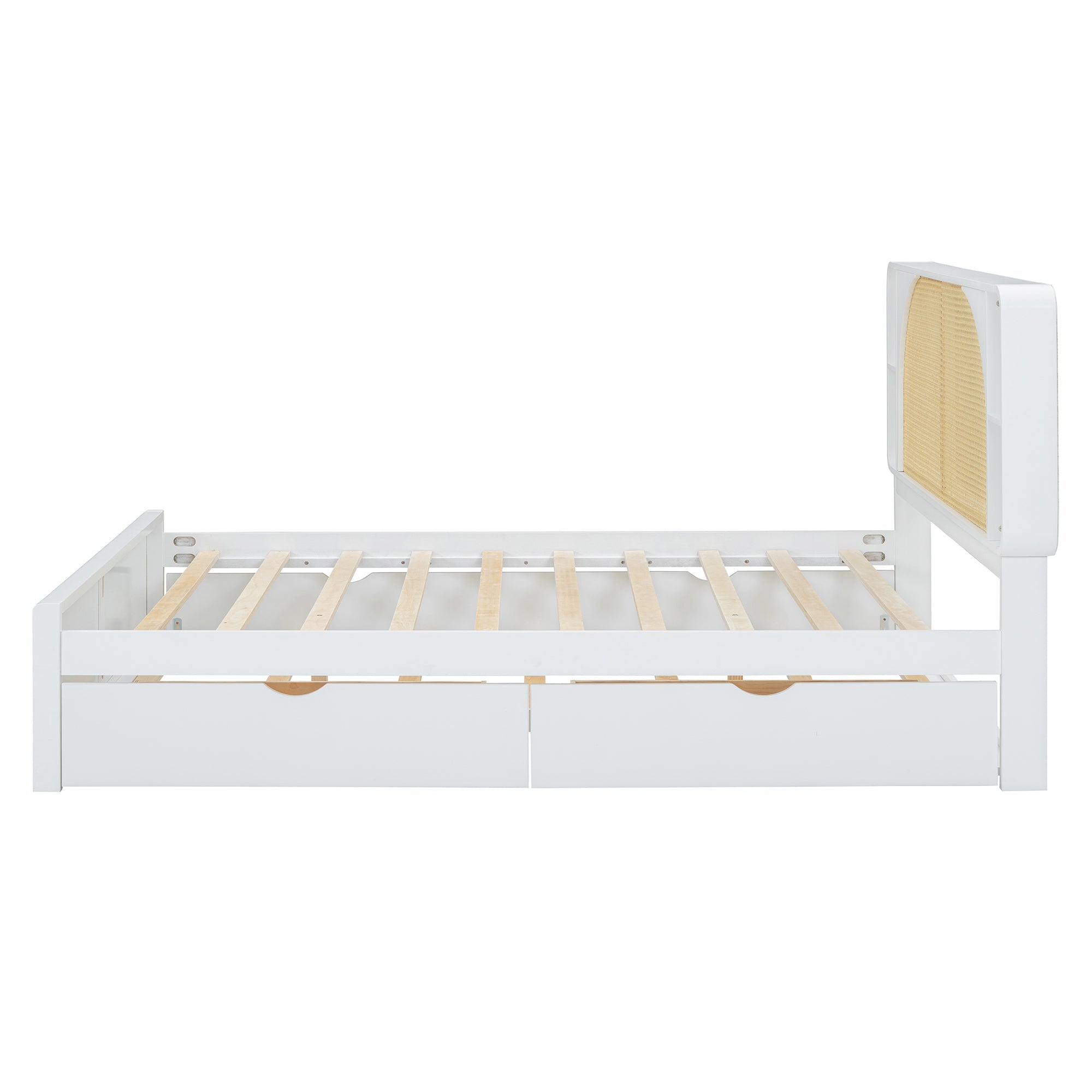 Queen Size Rattan Headboard Bed with Two Drawers and Trundle, White