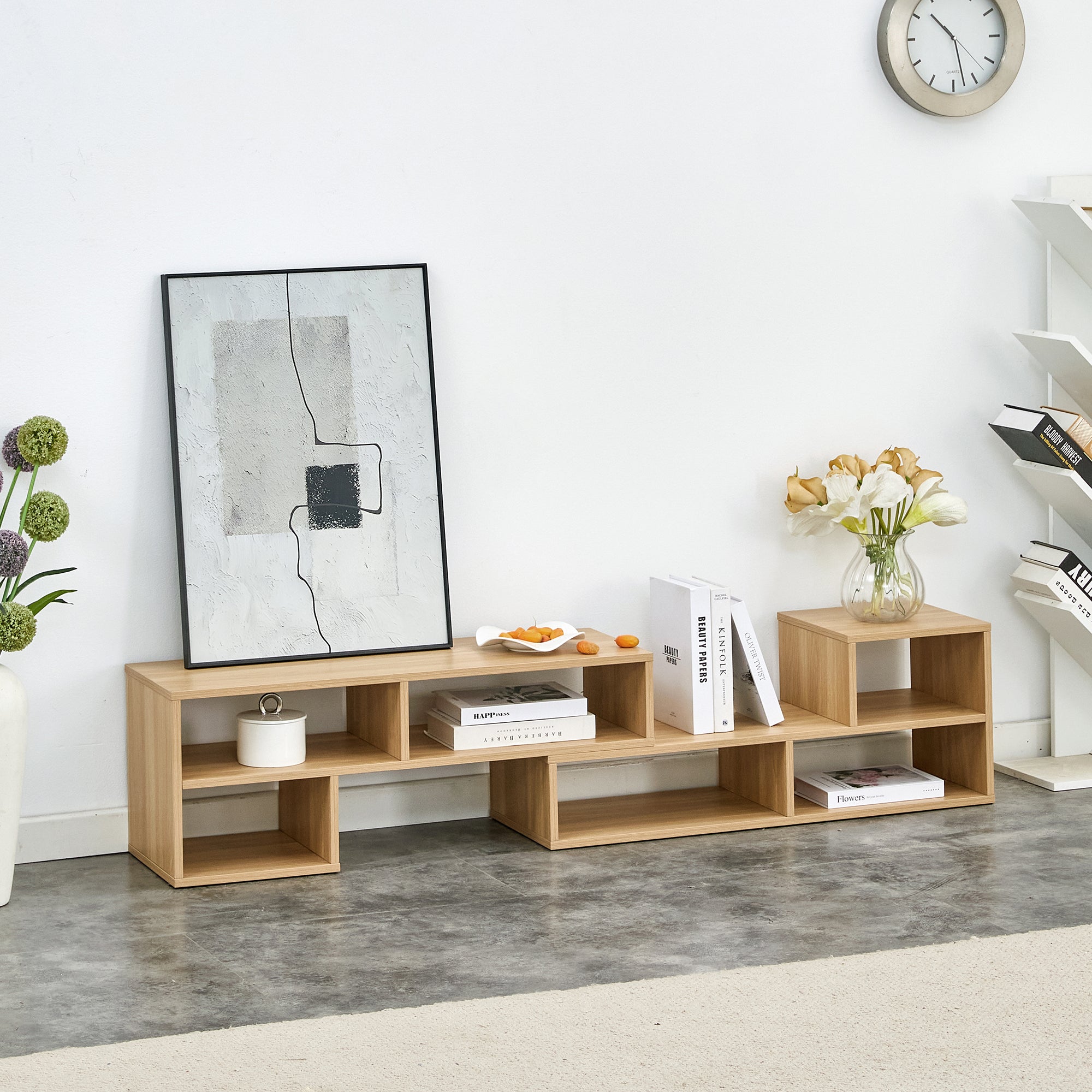 2-Piece Cube TV Stand and L-Shaped Entertainment Center with Open Storage and 2 Shelves – Burly Wood MDF