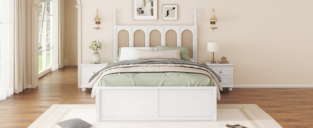 Queen Size Rattan Platform Bed With with 2 Big Drawers, T Size Trundle, White