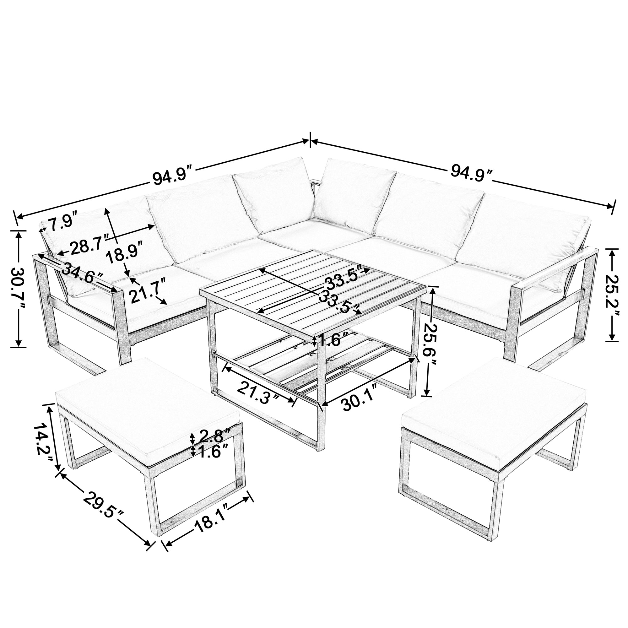 [Not allowed to sell to Wayfair]U_Style Industrial Style Outdoor Sofa Combination Set With 2 Love Sofa,1 Single Sofa,1 Table,2 Bench