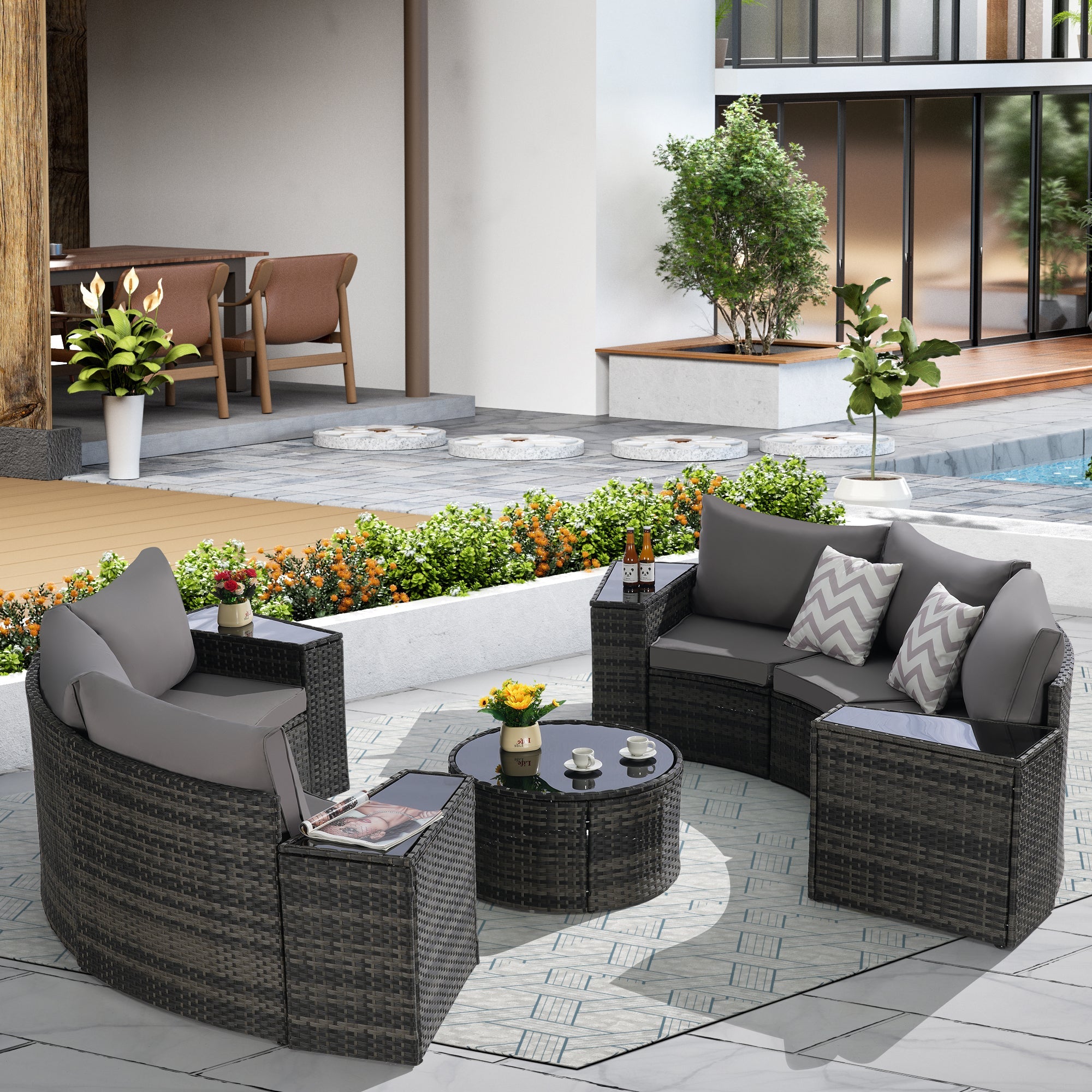 Outdoor Patio Furniture 11-Piece Half-Moon Sectional Round Patio Furniture Set Sofa with Tempered Glass Round Coffee Table