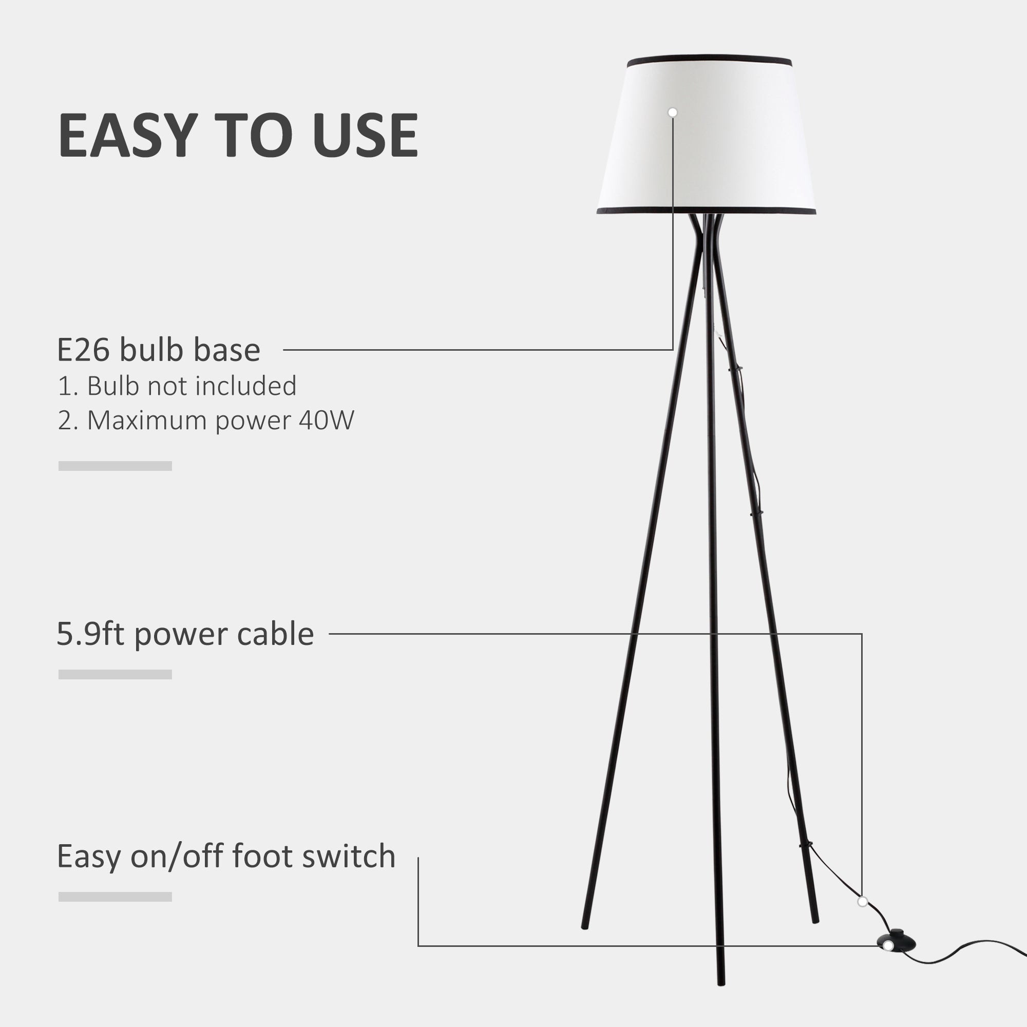 HOMCOM Modern Tripod Floor Lamp Free Standing Land Lamp w/ Steel Frame, Footswitch, Fabric Lampshade and E26 Base for Living Room, Bedroom, Office, Black