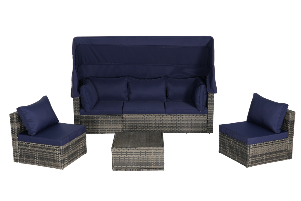 5 Pieces Outdoor Patio Wicker Daybed Furniture Set with Retractable Canopy, Storable Side Table, and Soft Cushions for Relaxing in Your Backyard or Porch