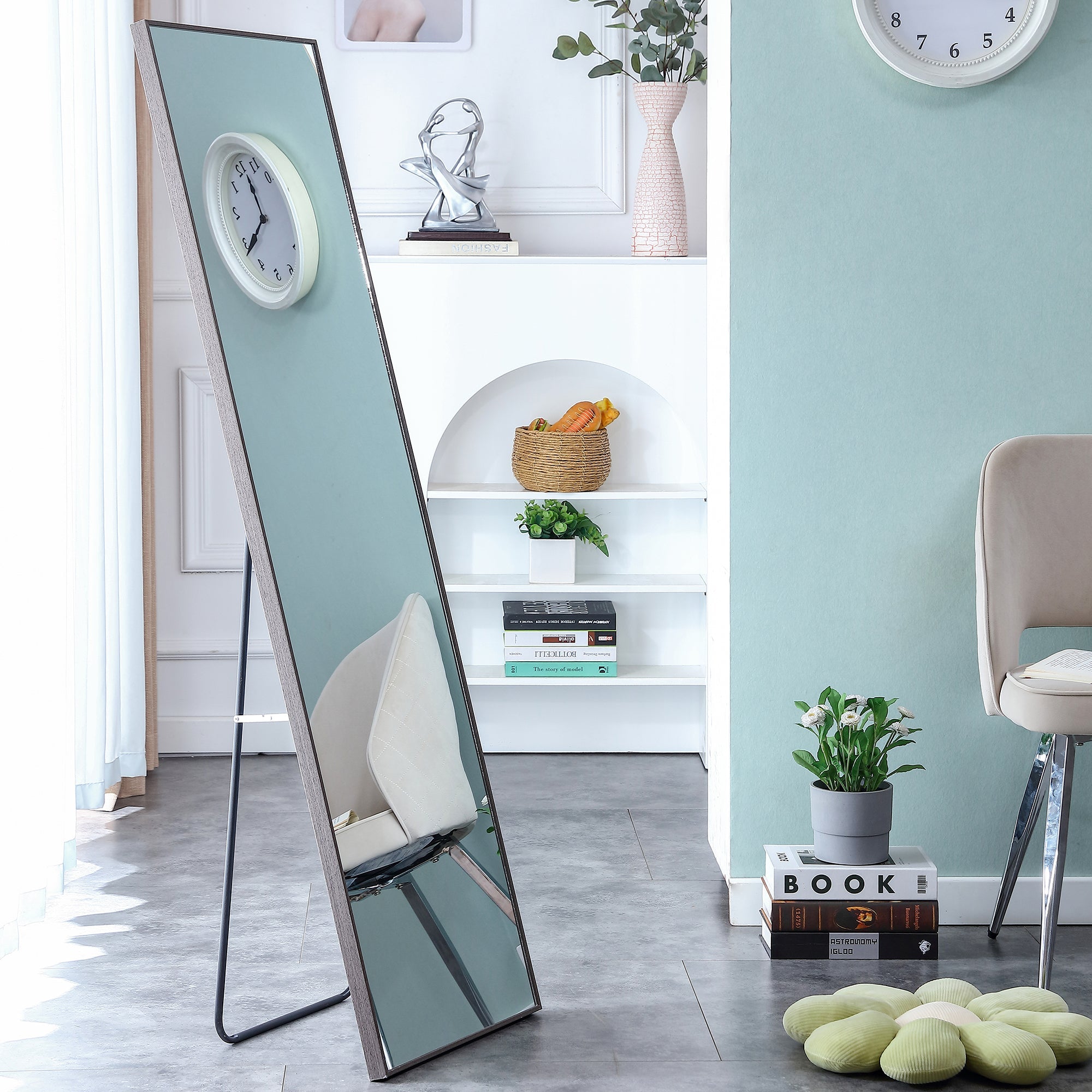 3rd generation gray solid wood frame full length mirror, dressing mirror, bedroom porch, decorative mirror, clothing store, floor mounted large mirror, wall mounted. 58 "* 15"