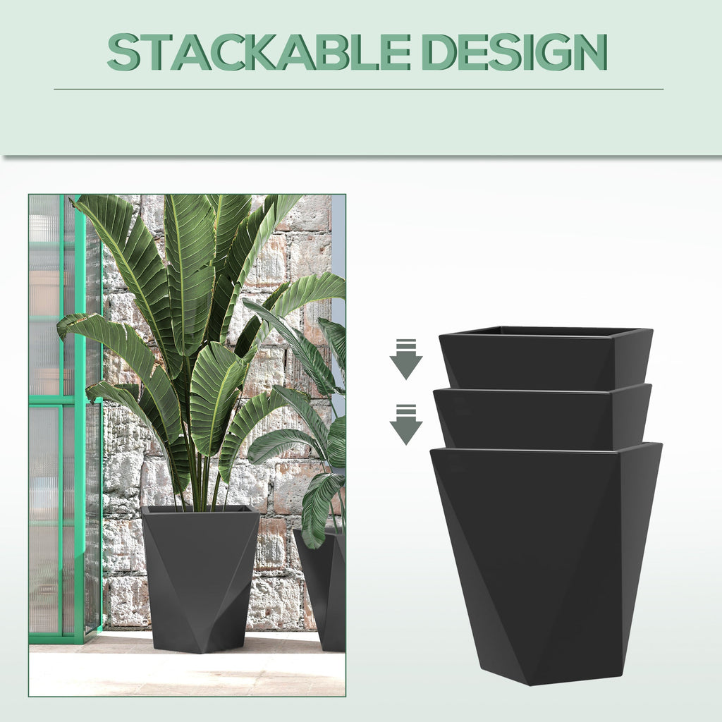 Outsunny Set of 3 Tall Planters, 18', 15.25', 11.75', MgO Indoor Outdoor Planters with Drainage Holes, Stackable Flower Pots for Garden, Patio, Balcony, Front Door, Black