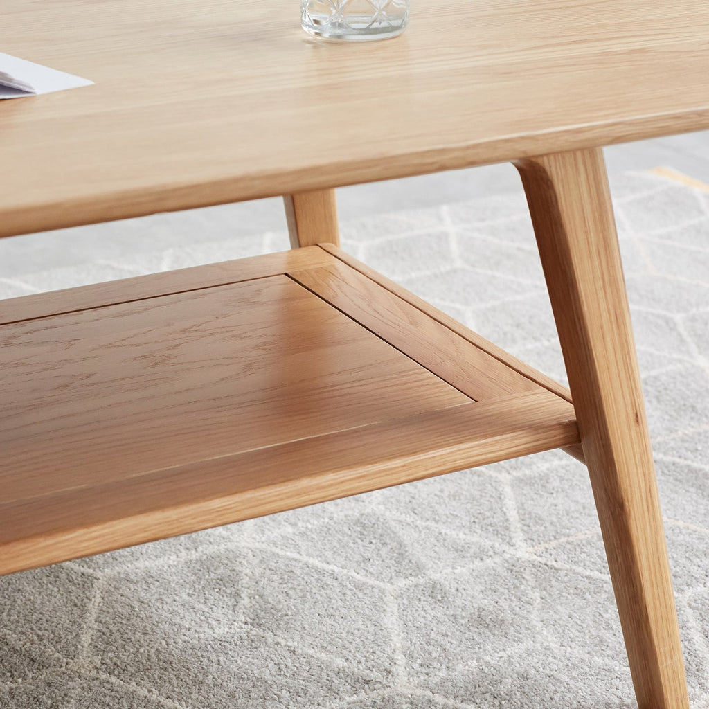 Natural Solid Wood Coffee Table with Storage Shelf, Easy Assembly, Oak Finish, 39.4 Inches